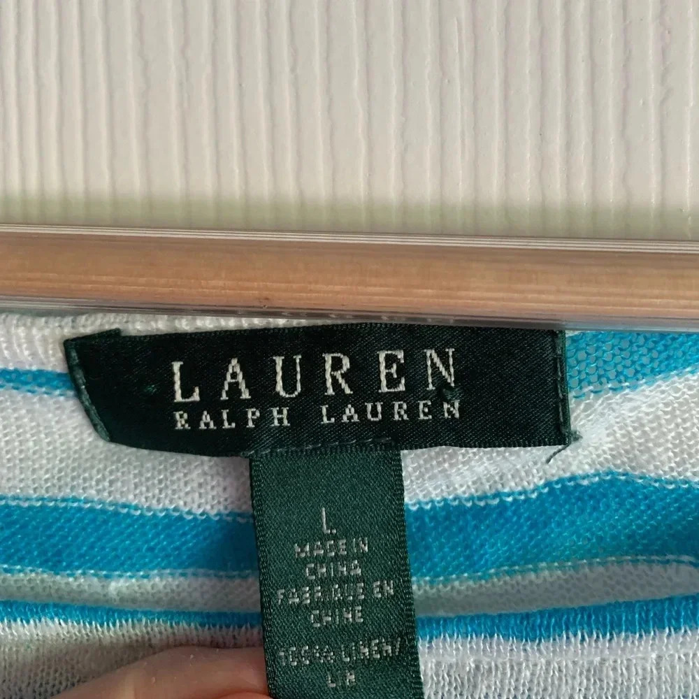 Lauren Ralph Lauren Top Linen Large White Blue Striped Dolman Sleeve Euro Summer - Picture 5 of 12